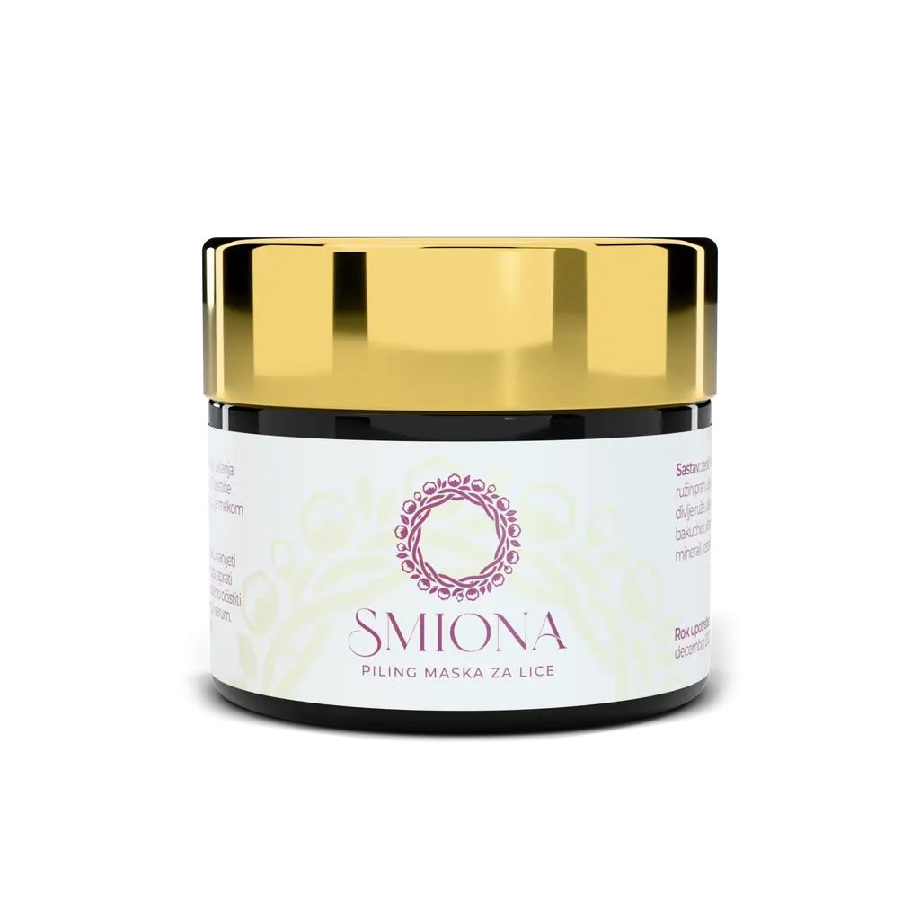 Smiona piling maska za lice, 50 ml, tegla od smeđeg stakla sa zlatnim poklopcem, bijela naljepnica, snimak spreda, prozirna pozadina