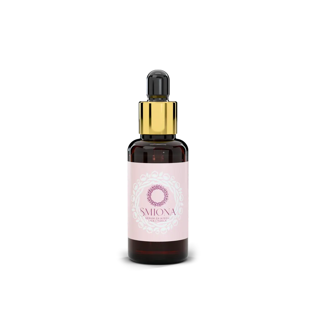 Smiona serum za njegu lica i tijela, 30 ml, bočica od smeđeg stakla sa kapaljkom, roza naljepnica, snimak spreda, prozirna pozadina