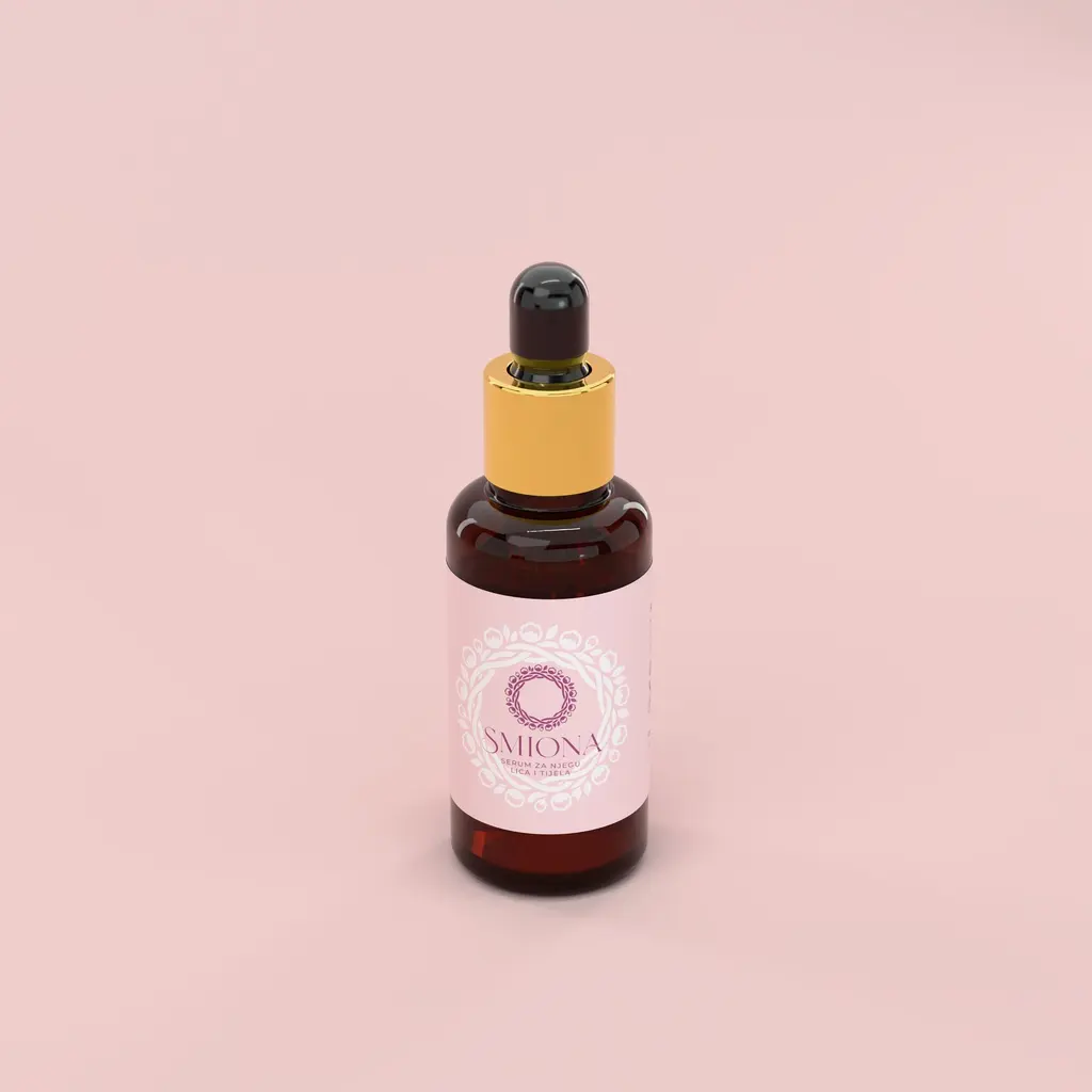 Smiona serum za njegu lica i tijela, 30 ml, bočica od smeđeg stakla sa kapaljkom, roza naljepnica, snimak iz ugla
